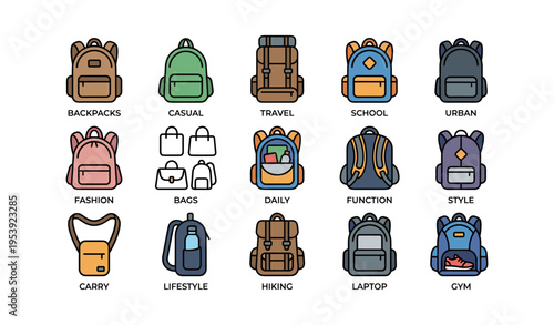 Diverse backpack collection showcasing styles for casual, travel, school, and urban use