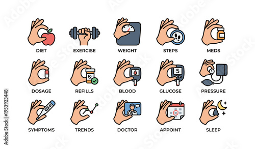 Health and fitness icons: diet, exercise, monitoring, sleep, medication