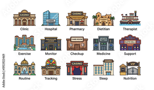 Casino icons and building illustrations with various themes and styles