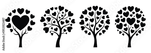 Four heart shaped trees in black and white, a beautiful silhouette illustration, perfect for romantic