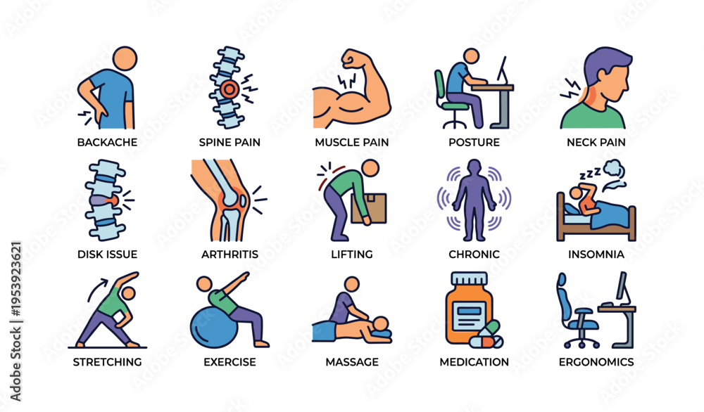 Fototapeta premium Icon set illustrating common health issues and remedies for better lifestyle
