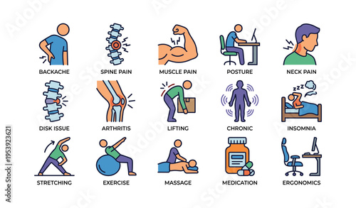 Icon set illustrating common health issues and remedies for better lifestyle