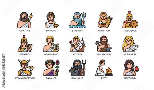 Greek mythology figures representing various concepts with attributes and symbols
