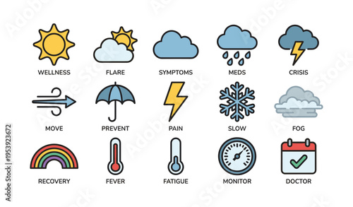 Health and weather icons: wellness, symptoms, and recovery symbols