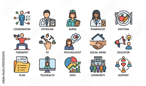 Healthcare professionals icons: physician, nurse, dietitian, therapist, telehealth