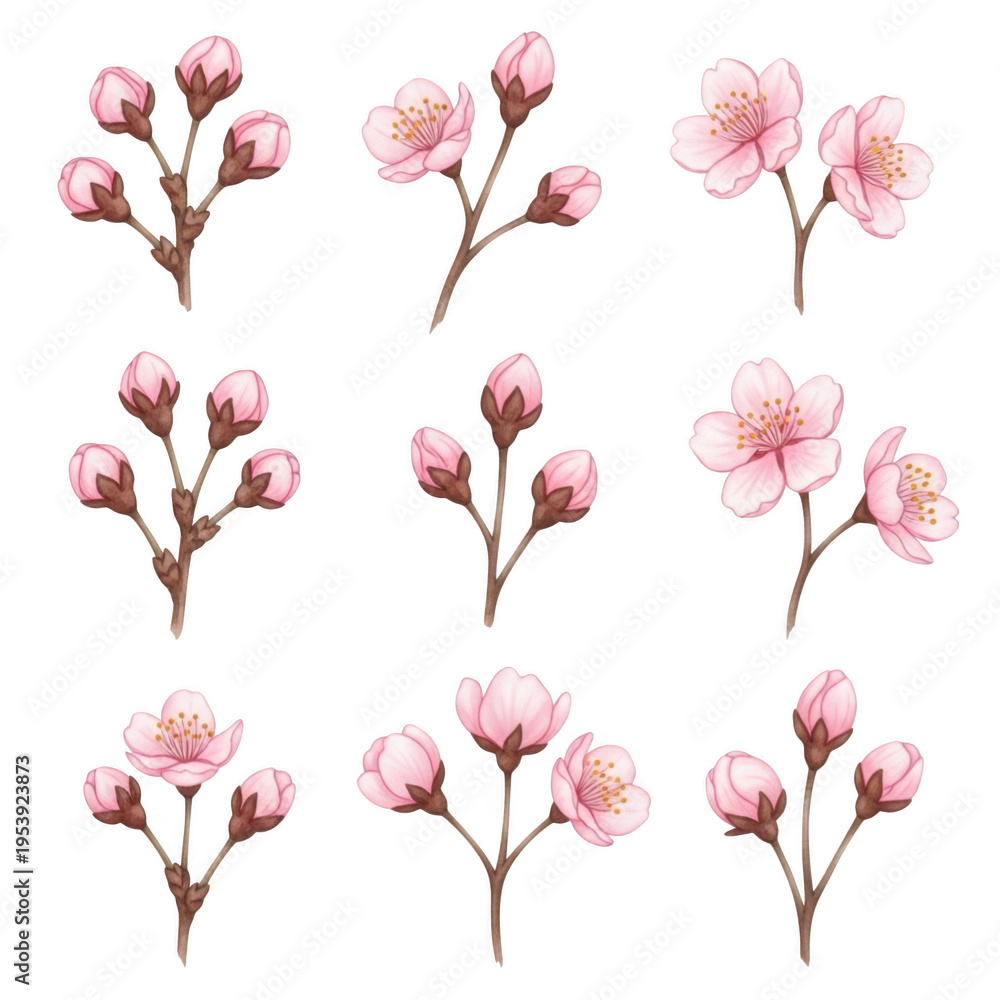 Obraz premium Eight delicate pink flowers with green stems and leaves set against a white background. isolated on transparent background