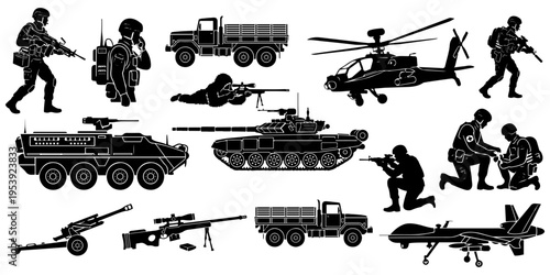 Large set of military equipment and army personnel silhouettes, including tanks, soldiers, helicopters, and armored vehicles, isolated