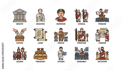 Ancient roman society icons depicting government and civic roles