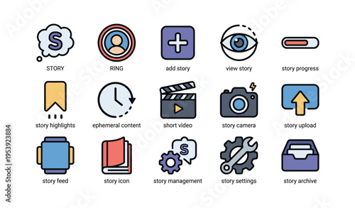 Social media story icons: camera, upload, highlights, management, settings