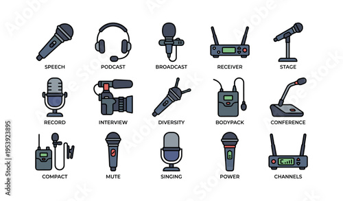 Audio equipment icons set featuring microphones and broadcasting tools