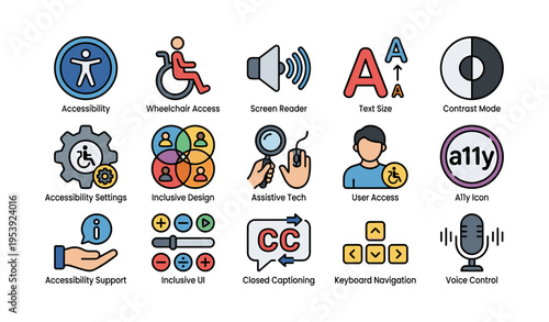 Icons representing accessibility features and assistive technologies in digital design