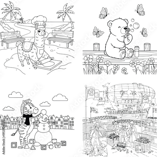 Seasonal coloring pages with llama chef bear cub with honey and zebra building a winter snowman