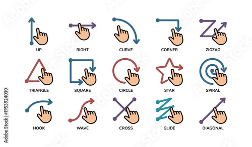 Gesture symbol icons for swipe and touchscreen directions with hands