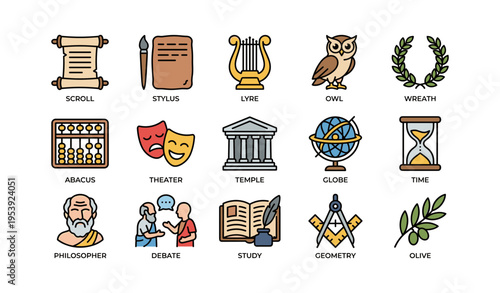 Ancient greek symbols and tools: scroll, stylus, lyre, owl, wreath, abacus, theater, temple