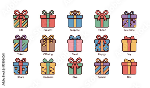 Colorful wrapped gift boxes with ribbons and patterns for celebratory occasions