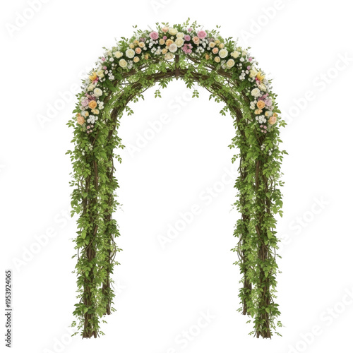 A beautifully decorated archway with lush green foliage and delicate flowers. isolated on transparent background