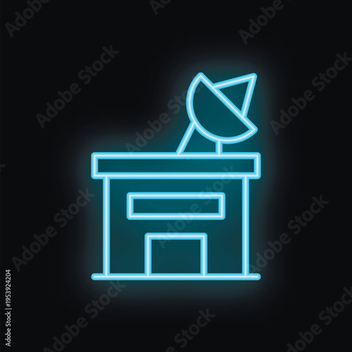 Glowing neon icon of a building with a satellite dish on the roof, representing a television signal receiving station