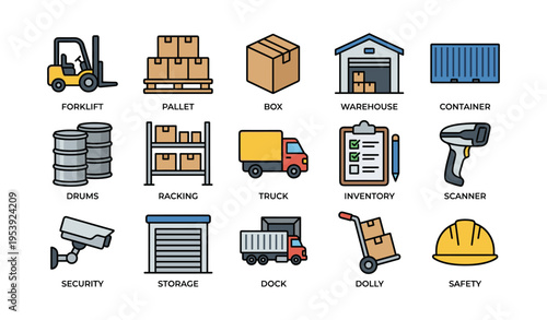 Warehouse equipment and logistics icons including forklift, pallet, box, warehouse, and container