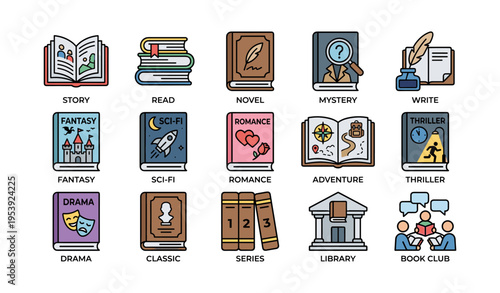 Illustrated collection of book genres and reading activities icons
