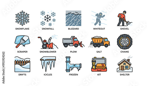Winter weather icons: snowflake, snowblower, icicles, shelter, blizzard