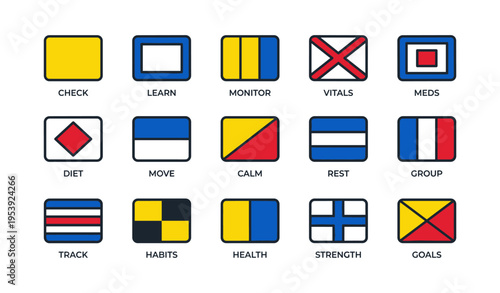 Maritime signal flags set with various symbols and patterns
