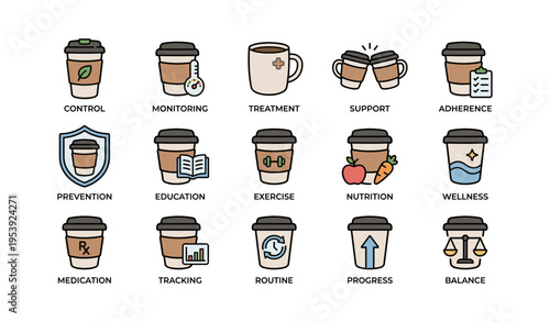 Coffee cup icons representing health and wellness themes