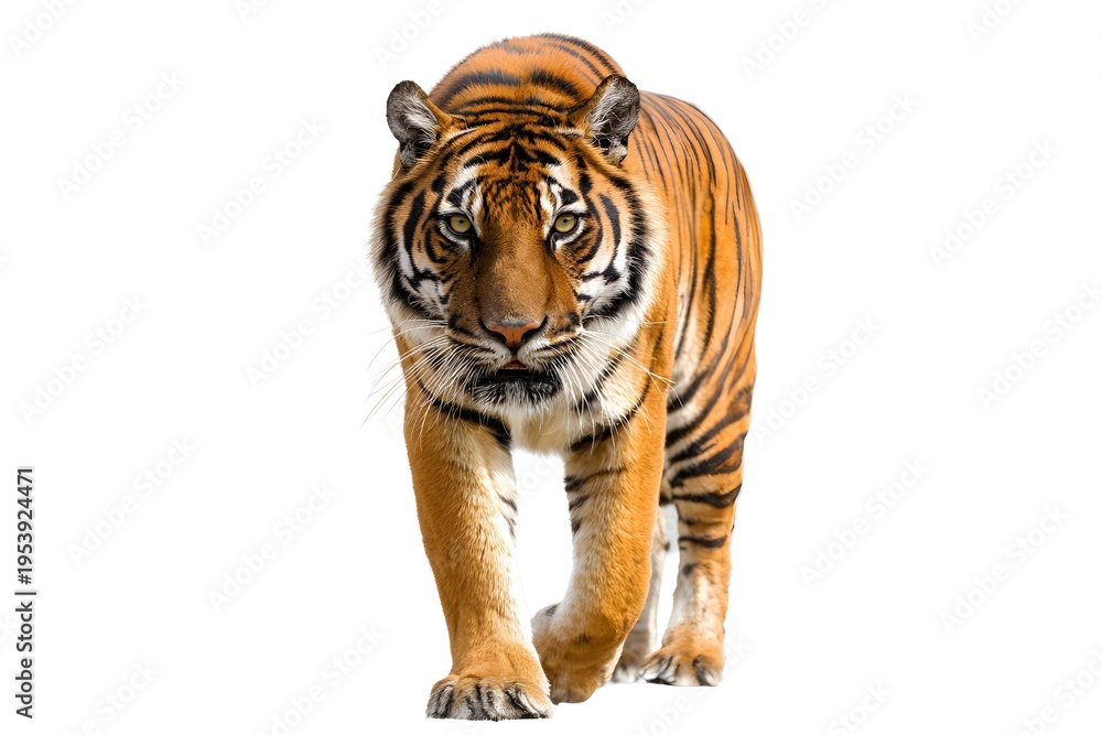 Obraz premium A tiger walks directly towards the camera on a white background