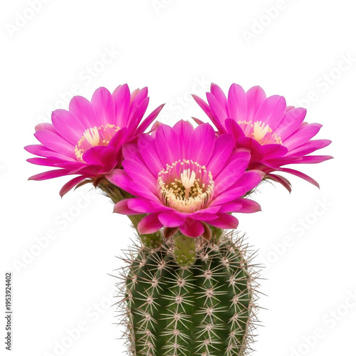 A close-up view of a cactus with vibrant pink flowers blooming on top isolated on transparent background