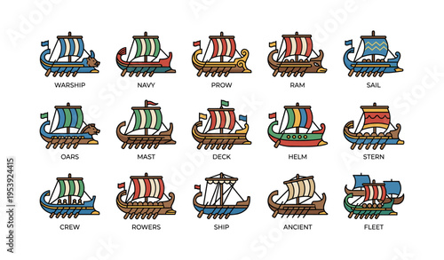 Colorful ancient warships with sails and oars in icon set