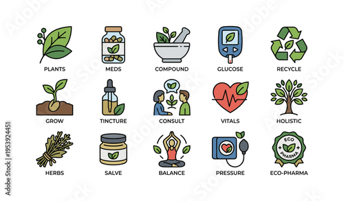 Eco-friendly health care icons: holistic medicine and wellness symbols