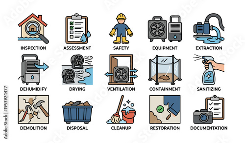 Icons depicting water damage restoration process including safety and equipment