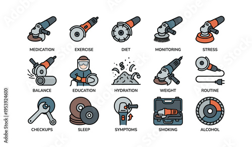 Health and fitness icons: medication, exercise, diet, monitoring, stress, balance, education, hydration, weight, routine