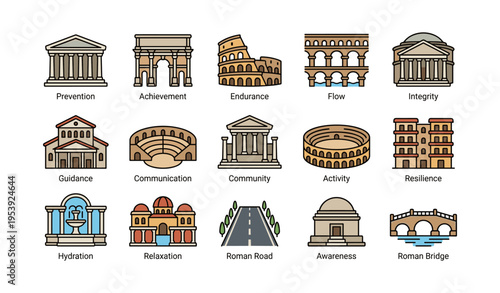Collection of ancient roman architectural icons and their symbolic meanings