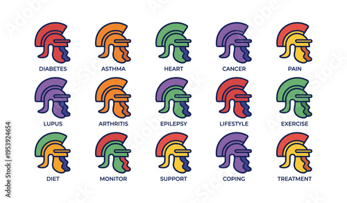 Colorful warrior helmet icons representing different health conditions and concepts