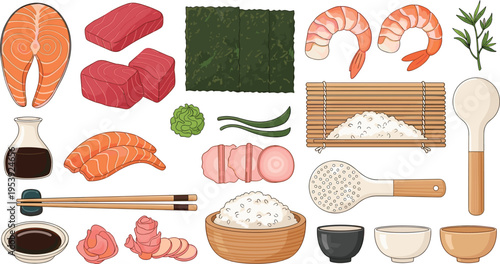 Japanese Sushi Ingredients Collection with Salmon, Tuna, Shrimp, Nori, Rice, Soy Sauce and Traditional Sushi Making Tools Vector Set