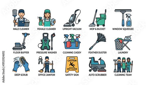 Various cleaning equipment and professionals in action