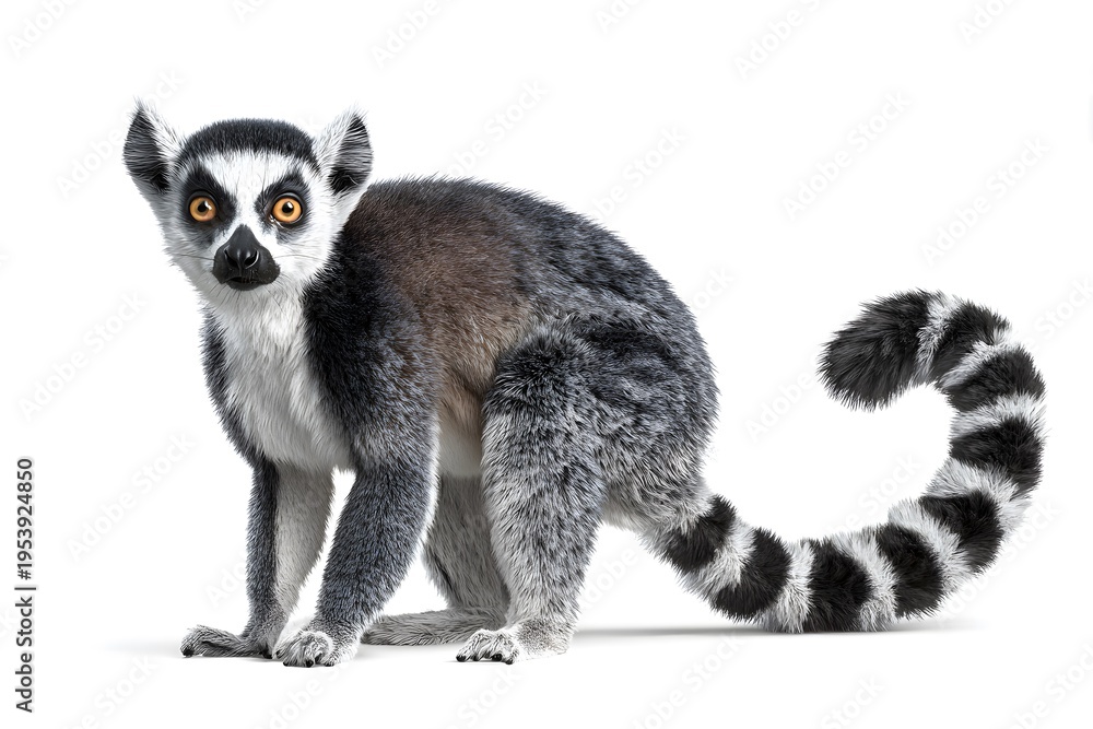 Obraz premium Ring-tailed lemur stands on a white background with its tail curled