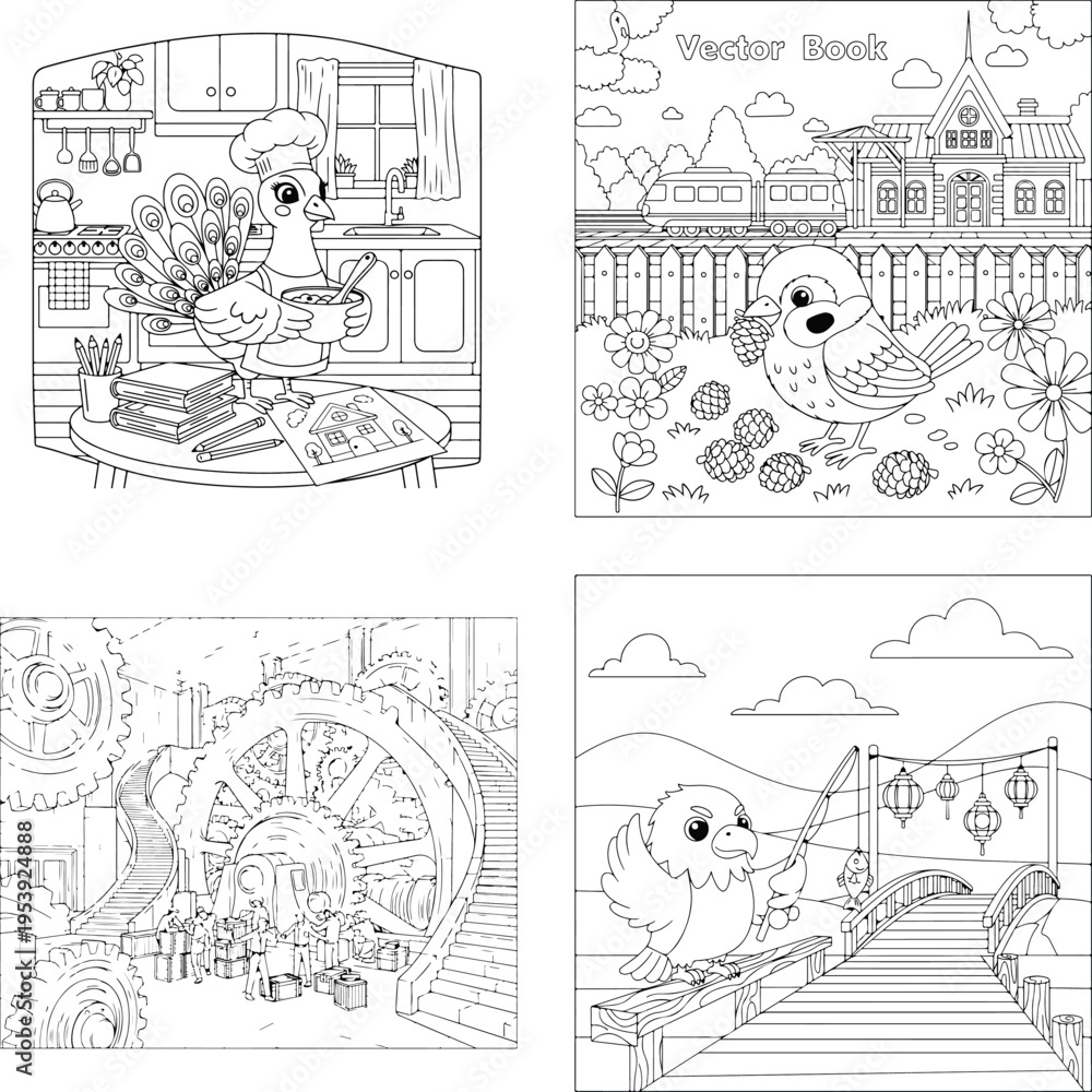 Obraz premium Cartoon bird eating and village town scene line art for children's coloring book with coloring page