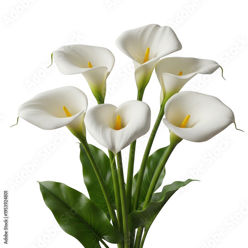 A bouquet of elegant white lilies with long green stems and leaves isolated on transparent background