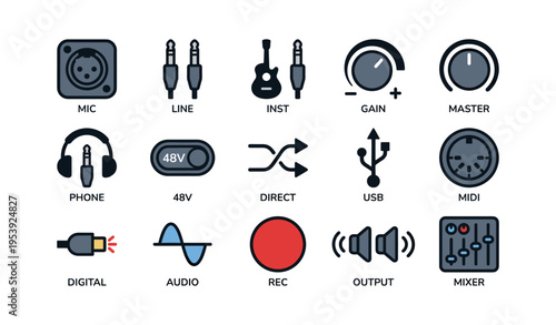 Audio equipment icons: microphone, guitar, headphones, usb, mixer, midi