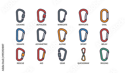 Various types of carabiners with labels for climbing and safety gear