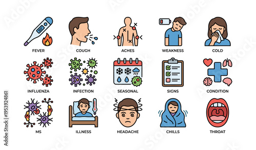 Illustrated symptoms of common illnesses like fever, cough, and cold