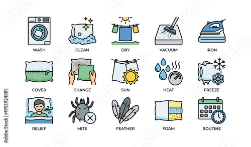 Household laundry and cleaning icons including wash dry vacuum iron routine