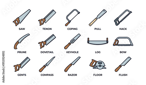 Various types of hand saws and cutting tools for woodworking