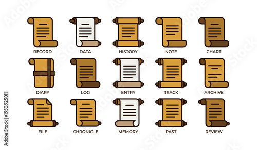 Set of sixteen scroll icons representing data, history, and archives in brown and white tones