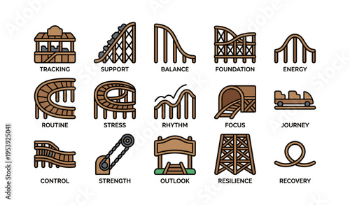 Set of roller coaster icons illustrating concepts like balance, energy, and recovery