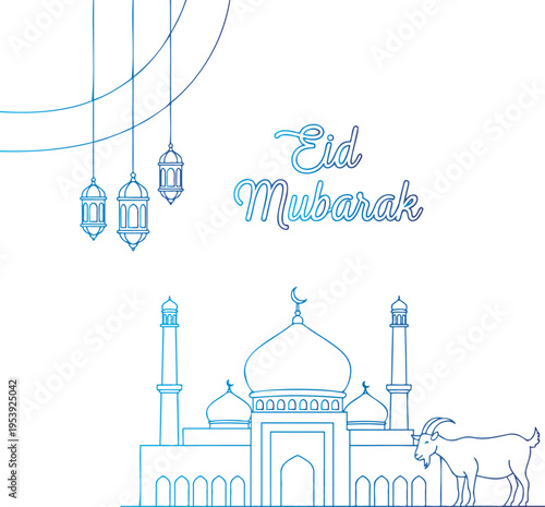 Eid mubarak greeting with mosque lanterns and goat illustration