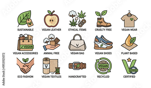 Eco-friendly vegan lifestyle icons featuring sustainable fashion and plant-based products