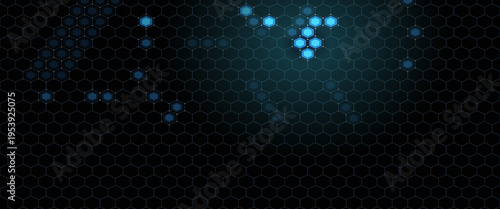 Futuristic abstract blue background featuring glowing hexagonal grid pattern and connected dots. Digital technology concept with geometric honeycomb structure