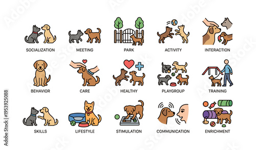 Cartoon illustrations of dogs engaging in various activities and interactions